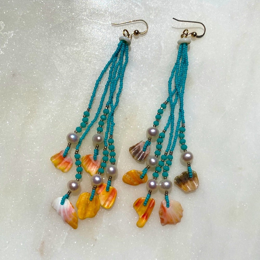 Sunrise shell beaded pearl solid 14k gold earrings